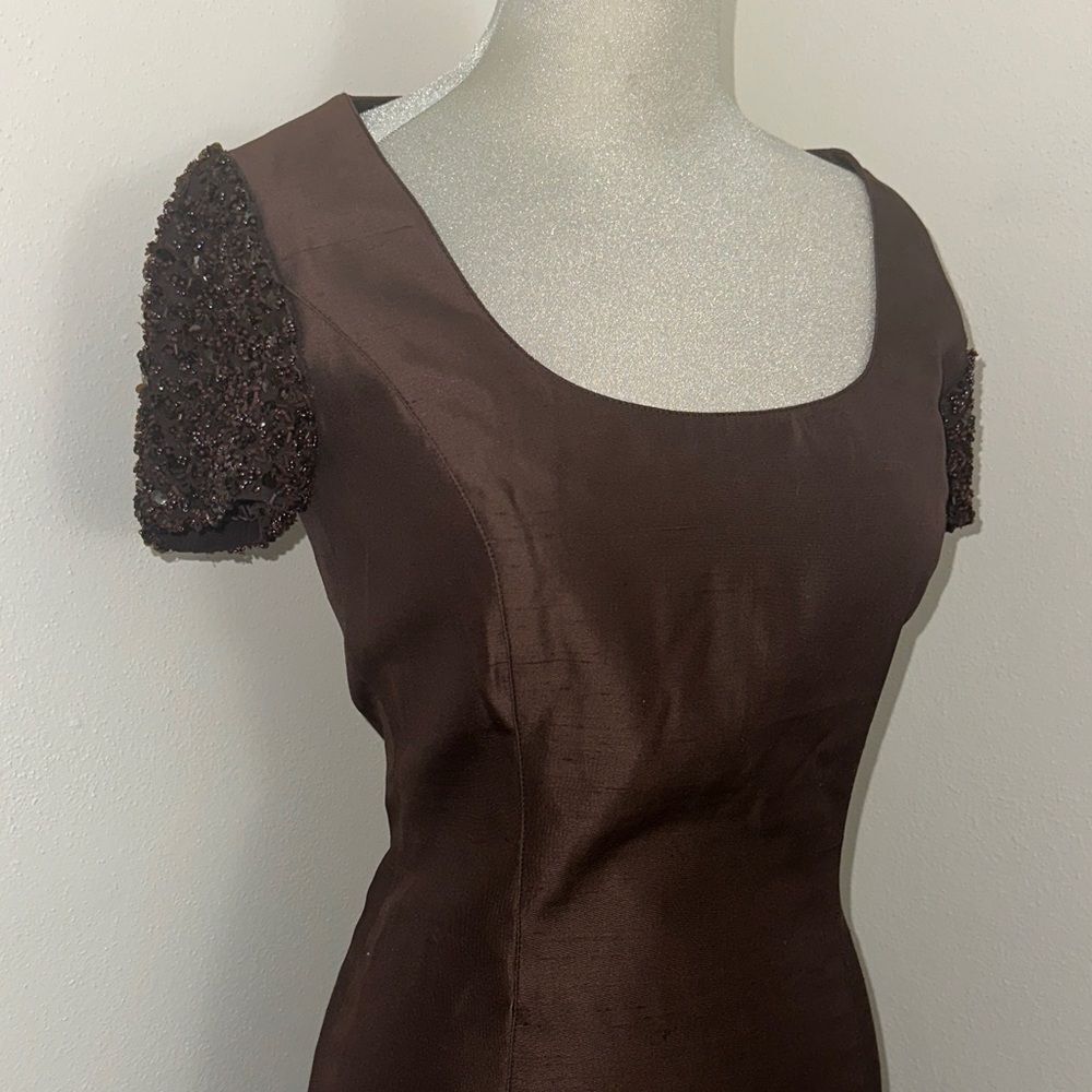 Genny Oro Made in Italy brown mini dress silk beaded back zip cocktail 4